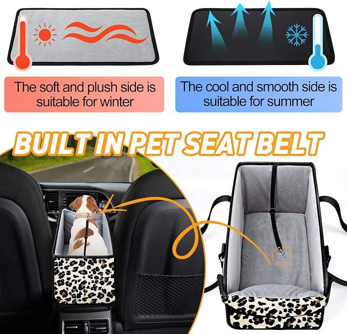 Portable Dog Car Seat for Small Dogs, Puppy Car Seat, Leopard | Booster Seat With Safety Leash & Adjustable Straps Keeps Small Dogs Secure. Removable Washable Cushion. Fits Most Cars.