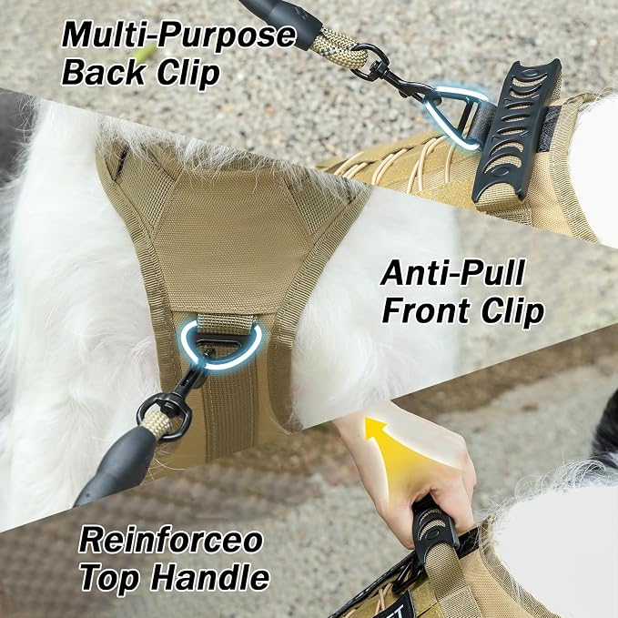 No Pull Tactical Dog Harness Small Sized Dog, Service Dog Vest, S, Brown | Tactical Dog Vest Harness and Leash Set, Adjustable Military Service Dog Harness with Handle for Medium Large Dogs