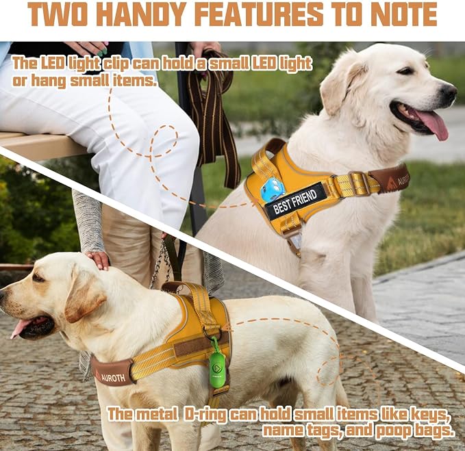 AUROTH Dog Harness and Leash Set for Large Sized Dog, No Pull Dog Vest | with Leash Clips, LED light clip, Soft Padded No Choke, Escape Proof, Easy Walking and Training, Turmeric-, XL