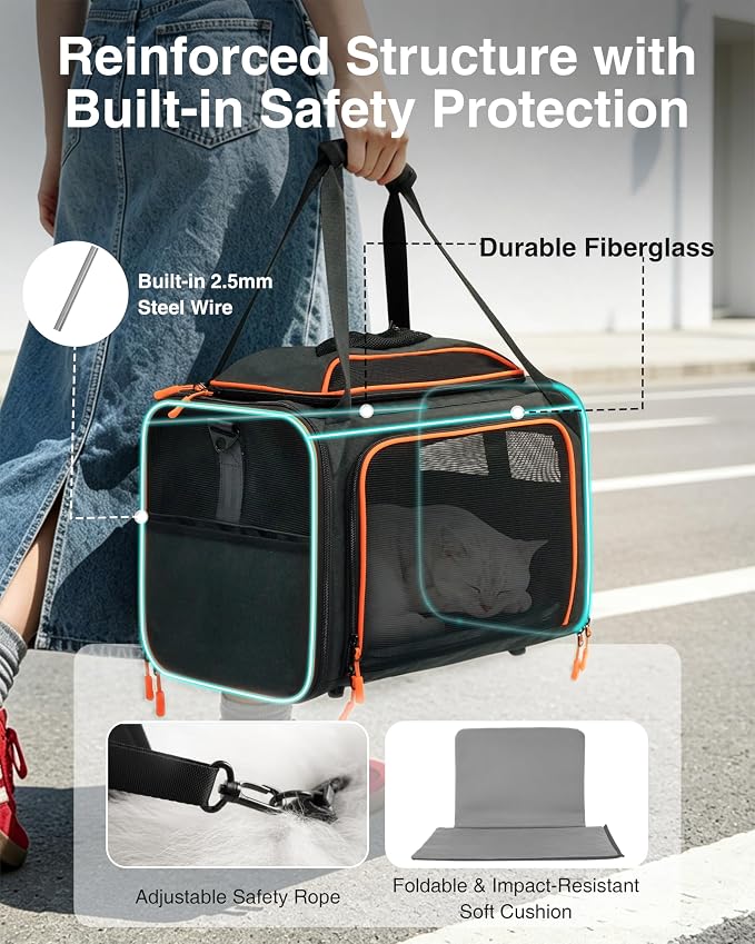 Expandable Cat Carrier Bag,Airline Approved Expandable Soft-Sided Pet Carrier(16"x 11"x 11") with Removable Pad,for Cats 12lbs,(Black Orange).