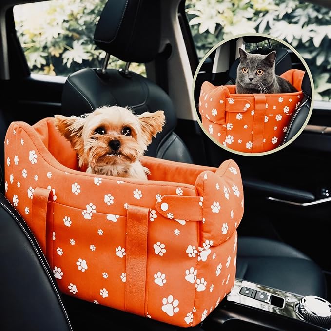 Dog Car Seat for Small Dogs 5-15 lbs, Tomato Red | Center Console Puppy Booster and Portable Travel Bed, Anti-Collapse Design with Washable Fluffy Cushion
