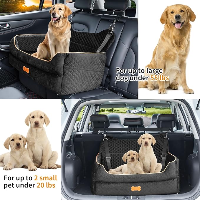 Dog Car Seat for Large/Medium Dogs - Memory Foam Dog Booster Seat for Under 55Lbs or 2 Small Dogs-Detachable and Washable Travel Bed with Thick Cushion and Storage Pockets-Black