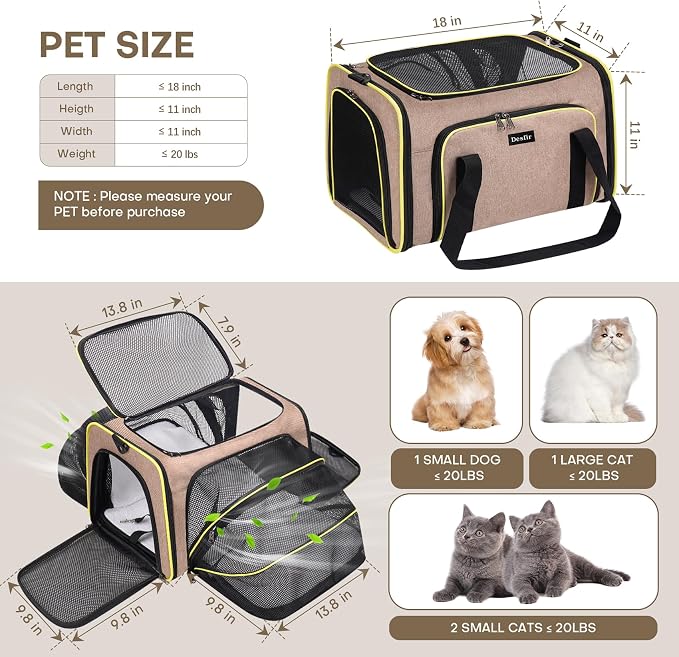 Pet Carrier, Large Soft Sided Expandable Travel Carrier with Steel Frame, Anti-Scratch Mesh, Removable Fleece Pad and Pockets for Cats, Dogs and Small Animals up to 15 lbs (Brown, 4 Sides Expandable)