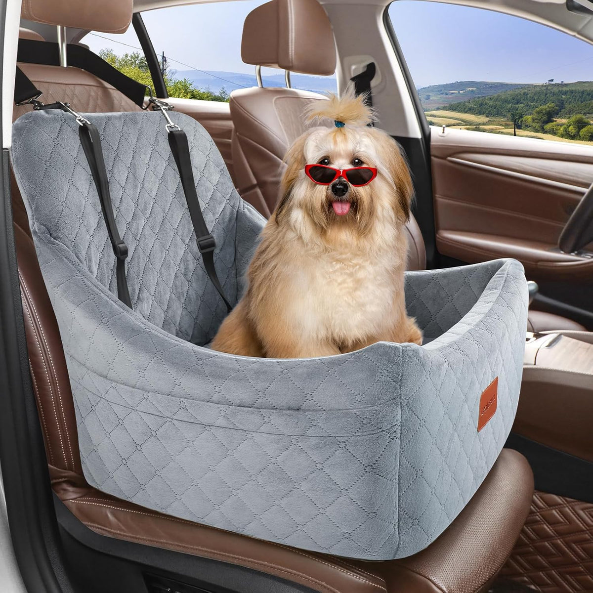 Dog Car Seat for Medium Dogs Up to 35lbs,Fully Detachable and Washable,Easy to Install with Adjustable Straps,Anti-Slip Bottom Travel Car Bed for Pets,Two Side Pockets(Grey,Medium)