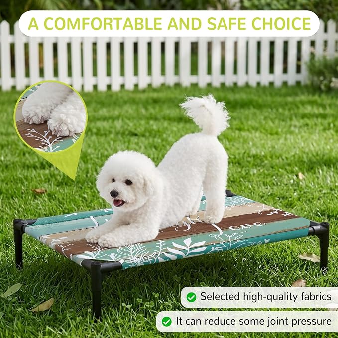 Outdoor Elevated Dog Bed for Large Dogs, Teal Green Brown Botanical Breathable Cooling Raised Dog Cot for Indoor/Outdoor, Farmhouse Wooden Leaves Waterproof Elevated Pet Beds, L 28 x 22 in
