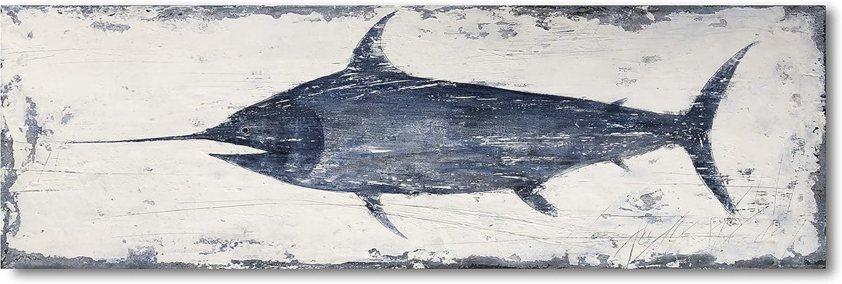 Yihui Arts Indigo Blue Swordfish Canvas Wall Art Painting Pictures for Living Room Bedroom Bathroom Decor