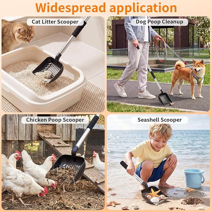 Yangbaga Metal Cat Litter Scoop: 32.3in Long Handle Litter Scooper | Heavy Duty Stainless Steel Pooper Scooper w/Deep Shovel-Detachable Non Stick Litter Sifter w/Foam Padded Grip-No Bending Back