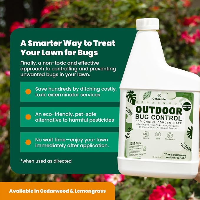 Cedarcide Outdoor Bug Control Concentrate | Kills & Repels Mosquitoes, Fleas, Mites & More with Natural Essential Oils | Family & Pet-Safe | PCO Choice | Quart with Sprayer Included