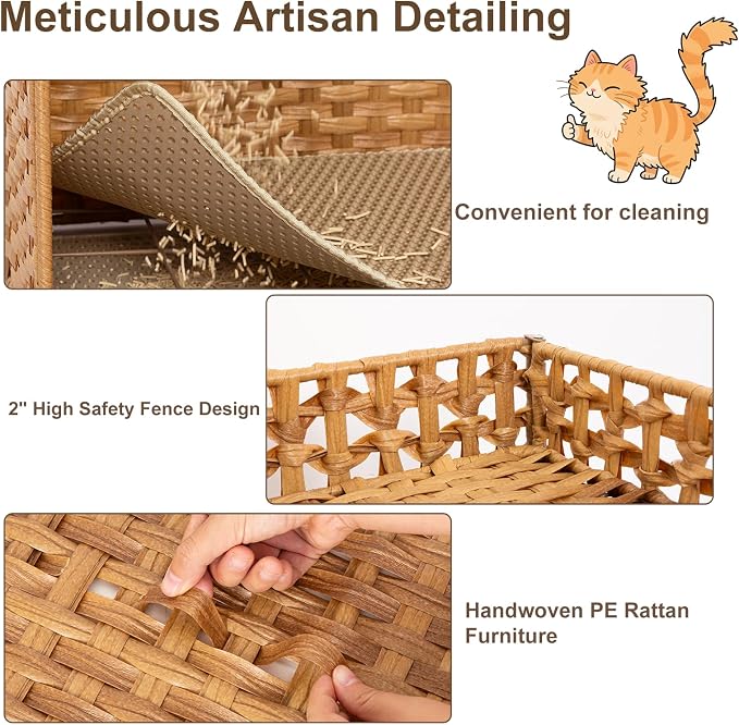 Handwoven Rattan Cat Litter Box Enclosure Furniture - Hidden Cabinet with Odor-Control Mat, Anti-Spill Fence & Secure S-Hooks for Living Room/Bedroom, 18.2"x18.2"x24.5" (Natural)