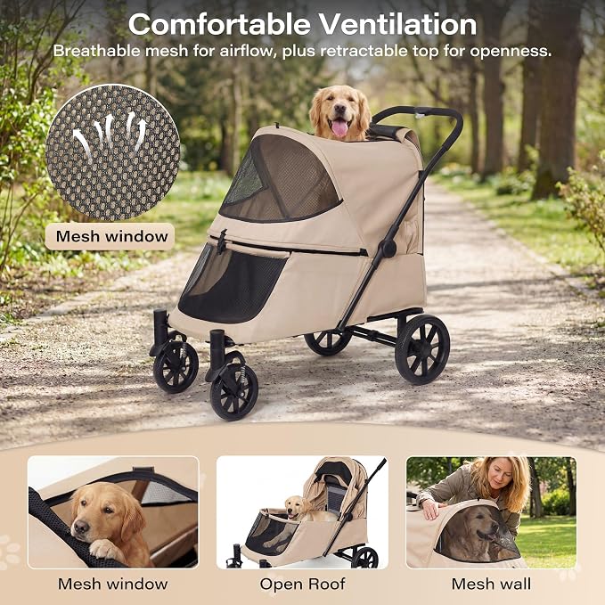 LAUSAINT HOME 4 Wheels Pet Stroller, Foldable Extra Large Dog Stroller for Medium & Large Dogs/Cats with Built-in Access Ramp, Dog Carrier Cat Stroller with Breathable Mesh, Khaki