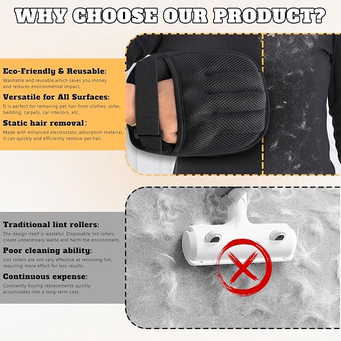 Upgraded Pet Hair Removal Gloves for Cats & Dogs, Reusable Five-Finger Static Cleaning Glove with Adjustable Strap, Pet Hair Remover Tool On Clothes, Furniture, Bedroom and Car Interior