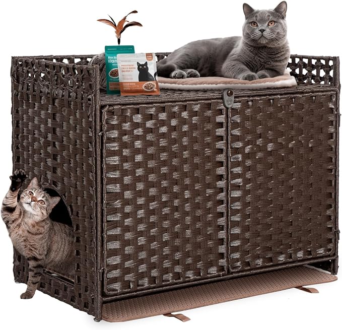 Hidden Cat Litter Box Furniture Enclosure – Handwoven Rattan Pet House with Removable Mat, Large Indoor Cat Litter Box with Elevated Metal Feet (30.3x18.2x24.5in), Modern Design for Living Room,Brown