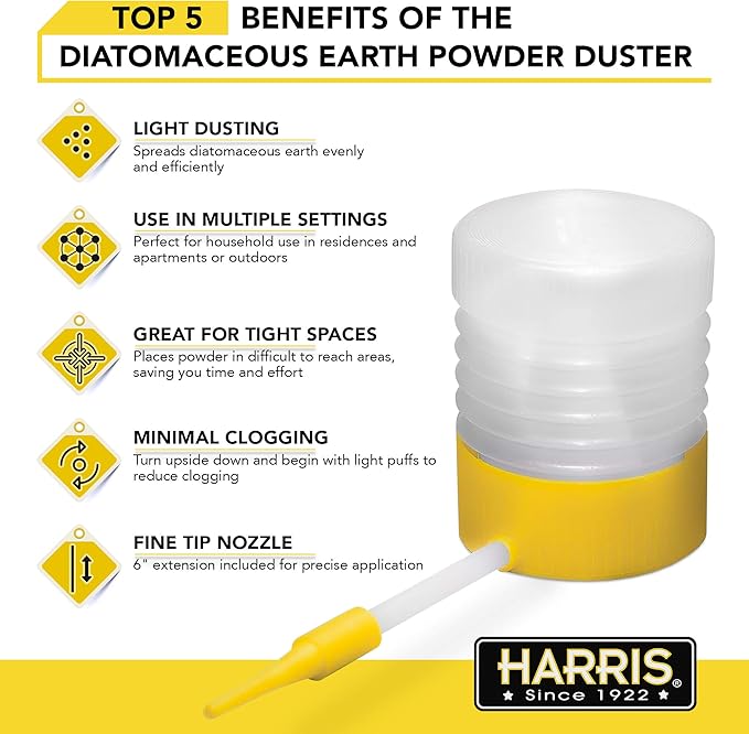 HARRIS Diatomaceous Earth Powder Duster with 6 Inch Extension Nozzle, for Easier Application of DE in Home & Outdoor Lawn and Garden Use