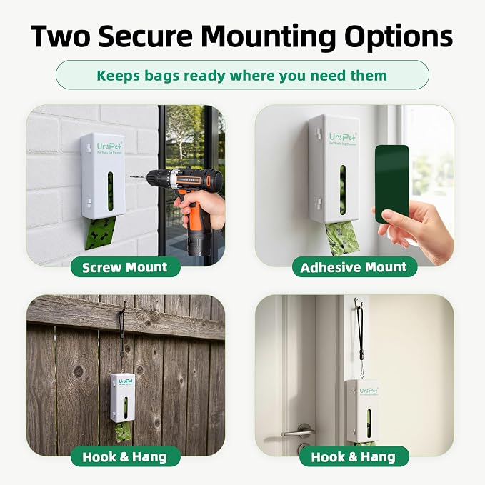 URSPET Dog Poop Bag Dispenser with 4 Rolls, Wall Mount Pet Waste Holder | Stick-On or Screw-On, Viewing Window, Easy Bag Pull, Flip-Top Refill, 60 Bags Included, Indoor and Outdoor Use