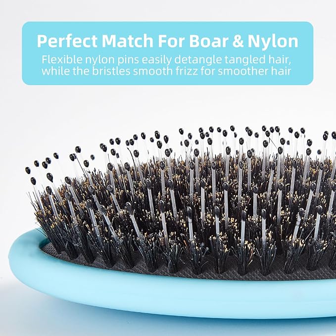 Boar Bristles Hair Brush for Women and Men, Detangling Hair Brush for Smoothing Massage Add Shine, Nylon&Boar Bristles Detangler brush for Hair Healthy (1 Pack-Blue)