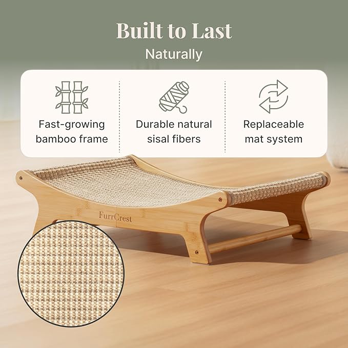 XL Sisal Cat Scratcher Bed with Elevated Hammock for Indoor Cats, Replaceable Natural Sisal Pad, Large Cat Lounge, Anti-Slip No-Wobble Bamboo Frame, Natural Grey