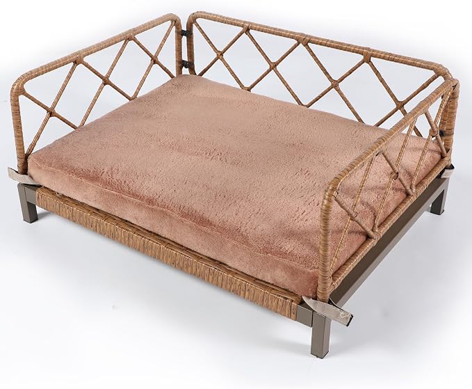 Elevated Waterproof Dog Beds with Egg Crate Foam Support Pet Bed, Outdoor Dog Sofa Bed PE Wicker Orthopedic Pet Couch Bed with Washable Removable Cushion for Medium, Small Dogs, Brown