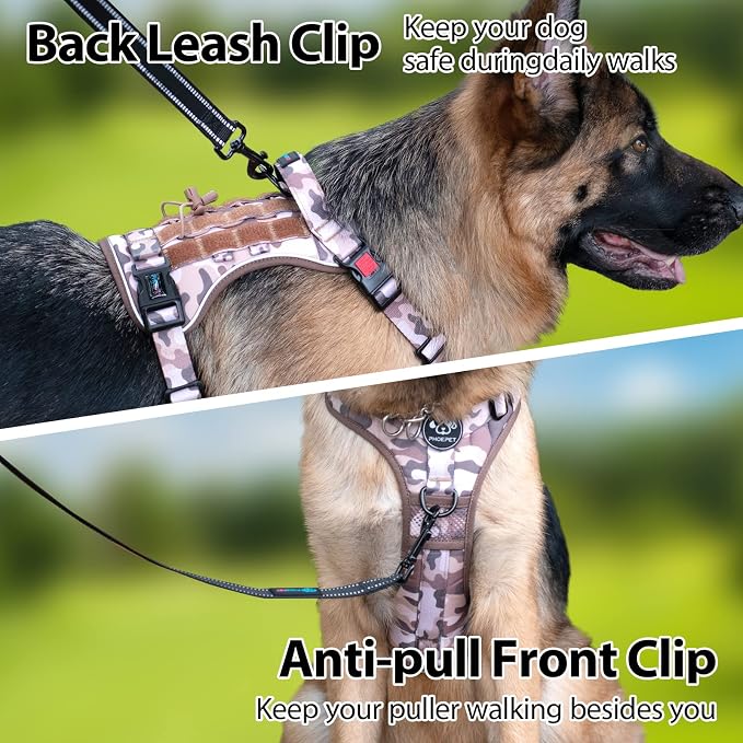 No Pull Tactical Dog Harness,Service Dog Vest Molle & Loop Panels | Woodland Brown L, Metal Front & Back D-ring, Reflective, Easy Control with Padded Handle for Small Medium Large Dogs