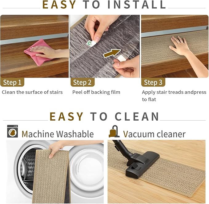 Stair Treads Non Slip for Wooden Steps Indoor 9" x 36" 8 Pack Extra Wide Stair Tread Carpet Stairs Runner, Step Pads with Reusable Adhesive for Dogs Kids Elders, Machine Washable, Beige