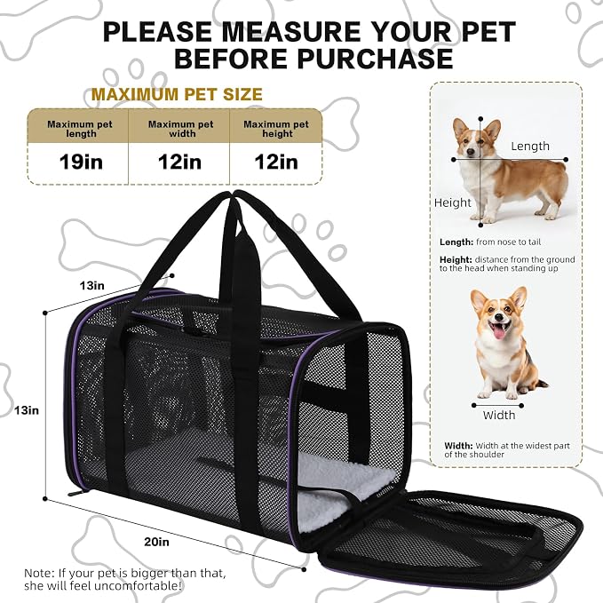 Cat Carrier, Soft-Sided Pet Carrier Bag, Breathable Mesh, Black (Purple, 20 * 13 * 13)