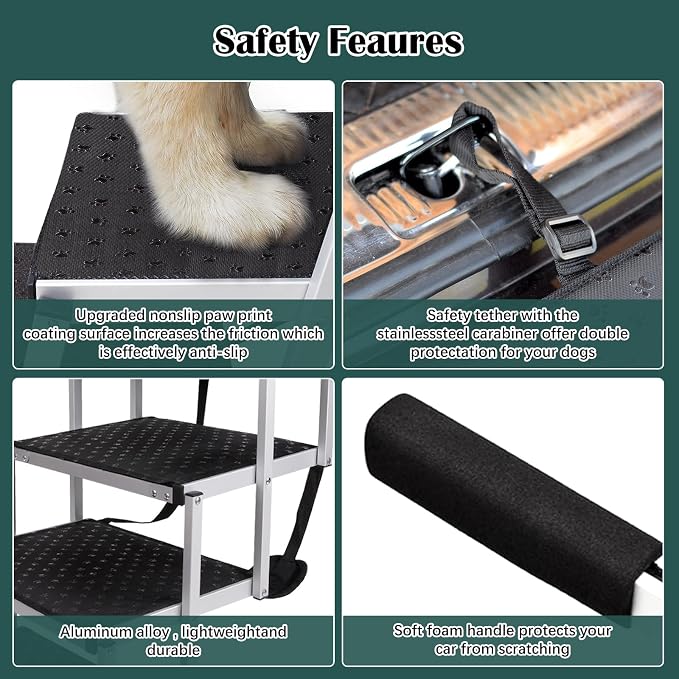 Joyrally 4-Step Dog Stairs for Car, Large Dogs, High-Traction Mat | 20 in extra-wide aluminum frame, 200 lb capacity and foldable design for SUV and truck trunks, for senior and injured dogs