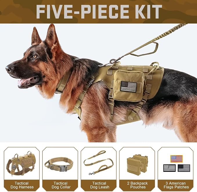 Forestpaw Tactical Dog Harness Collar Bungee Leash Set,M,Coyote Brown | Adjustable Fits 22-35" Chest,30-80 lbs,No Pull Control Military Style,Quick Release Buckle,Walking for Medium Dogs