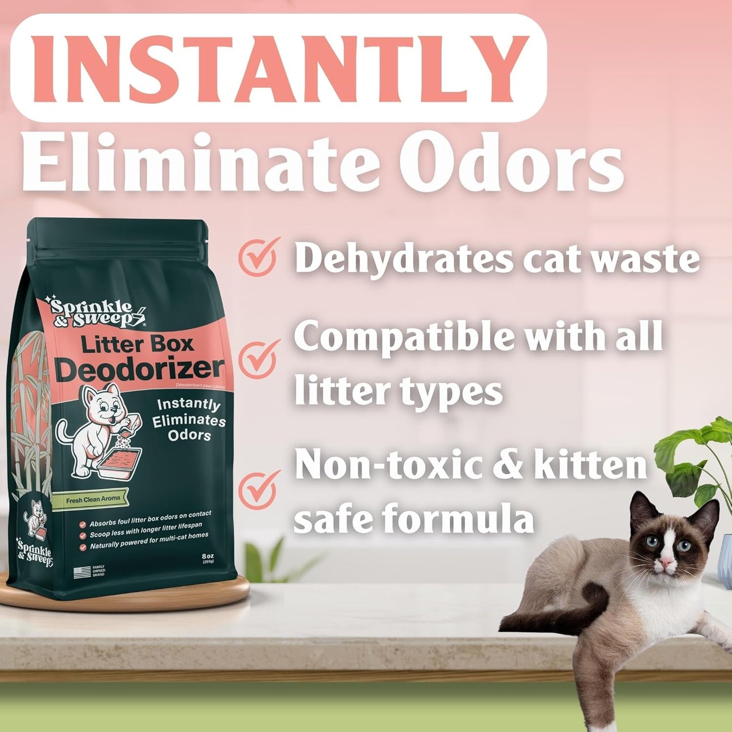 Litter Box Deodorizer | Cat Litter Deodorizer | Smell Control for Cats | Non-Toxic & Safe for Kittens | Home Odor Neutralizer | Kitty Litter Freshener | Sprinkle & Sweep | Made in USA