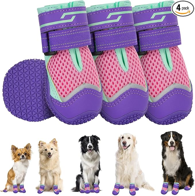 SlowTon Dog Shoes for Large Small Medium Dogs - Breathable Dog Boots for Summer Hot Pavement, Paw Protector for Outdoor Walking Winter Snow, Anti-Slip Rubber Dog Booties for Hardwood Floor (Purple, 1)