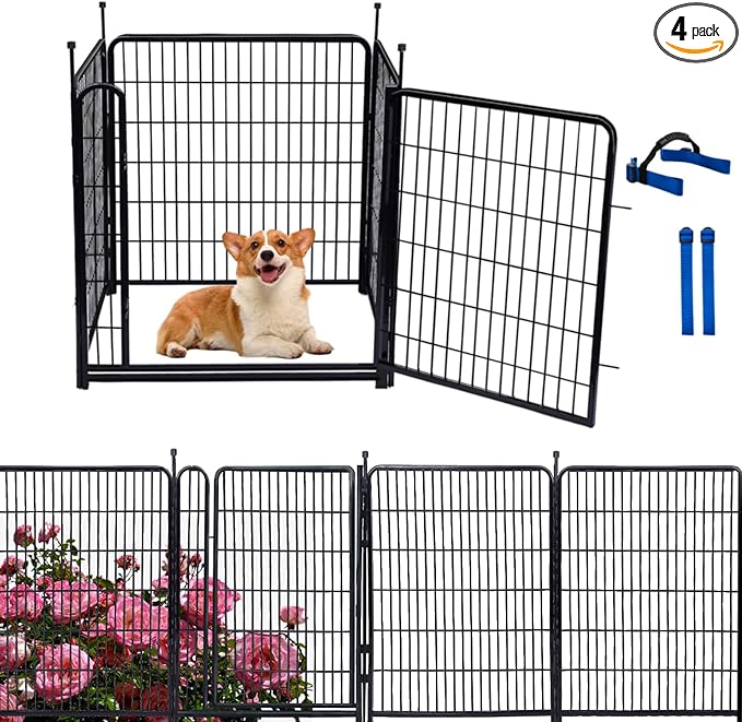 Okaygardn Tall Garden Fence Animal Barrier, 48 in(H) Fencing for Garden Beds, 4 Panels Total 8.9 Ft(L),Temporary Fence for Dogs Outdoor, 21 in Wide Low Threshold Gate, Garden Fence Border,Rabbit Fence
