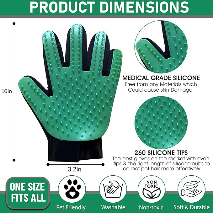 ZENELANEP Upgrade Pet Grooming Gloves, Grooming Gloves for Dogs, Cats, Rabbits & Horses with Long and Short Hair, Efficient Pets Hair Remover Mittens - 1 Pair (Green)