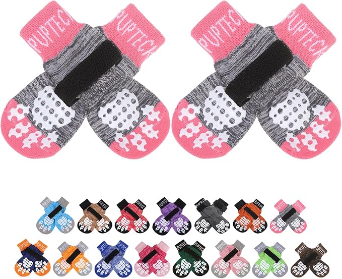 PUPTECK Anti-Slip Dog Socks with Double Sides Grips for Small Medium Large Dogs Hardwood Floors Prevents Licking, Dog Shoes for Hot Pavement Traction Control for Senior Dogs, Grey&Pink XL