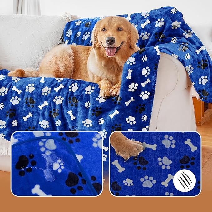 Dog Blanket Paw Bone Pattern 1 Pack 2 Super Soft Warm Flannel Sofa Cover Car Bed Protector, Urine Proof Washable Outdoor Pet Blanket for Puppy Large Dogs & Cats,40"*30" Blue