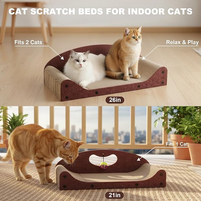 26" Cat Scratcher Bed, Large Scratcher Couch for Indoor Cats, Cardboard Scratcher Sofa, Durable Scratch Pad with Ball, Furniture Protector (Brown, Large)