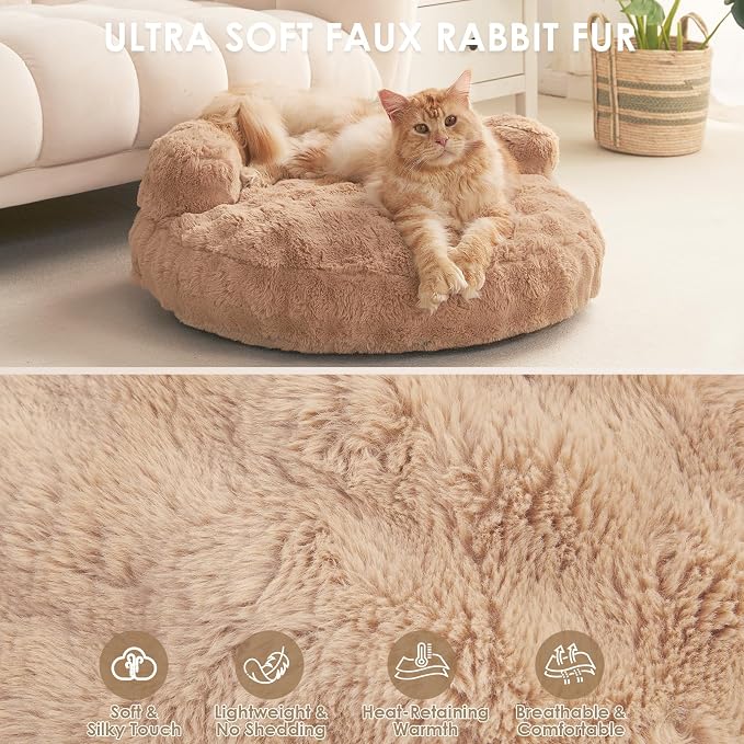 EHEYCIGA Soft Cat Couch Bed for Indoor Cats, Fluffy Small Dog Bed with Removable Washable Cover, Bolster Pet Sofa, Waterproof and Non-Slip, 23" x 23"x 7", Camel