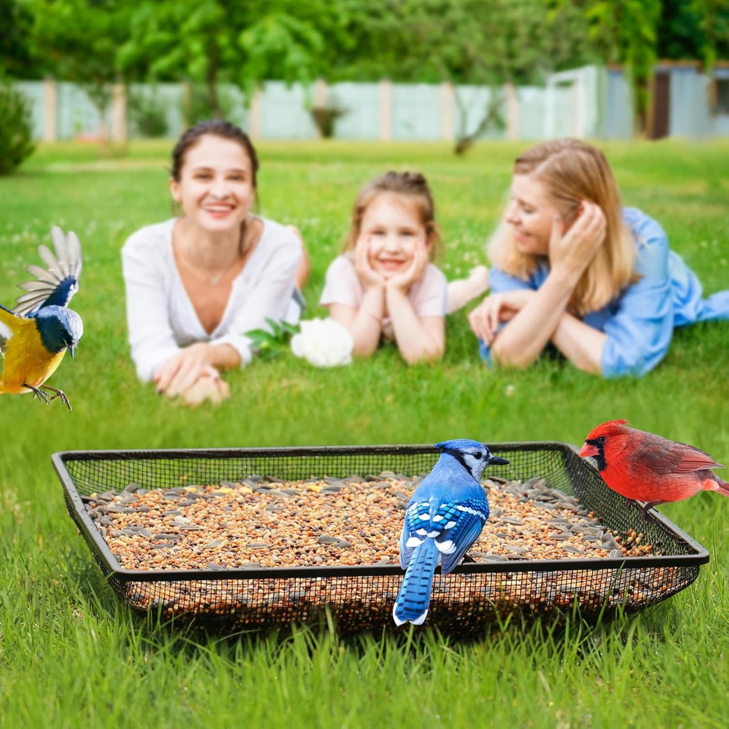 MIXXIDEA Ground Bird Feeder Tray 11x11 Inches, Metal Platform Mesh Seed Tray for Bird Feeders, Great Attracting Garden Yard Decoration for Wild Birds Squirrels Dove,2 Pack