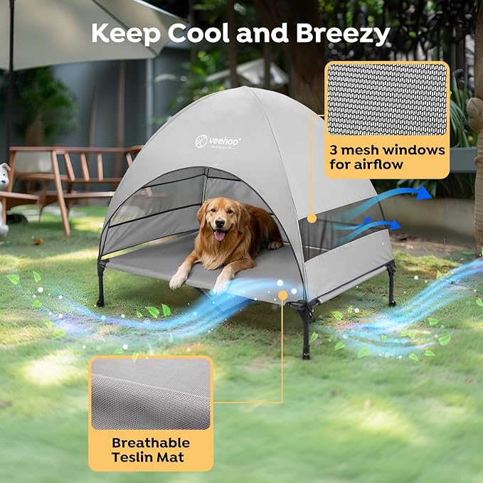 Veehoo Outdoor Dog Bed with Canopy, Cooling Elevated Dog Shade for Outside | Portable Raised Dog Cot with Removable Shade, Sun Protection Dog Tent Outdoor for Camping, Beach, 49" x 43.5", Grey