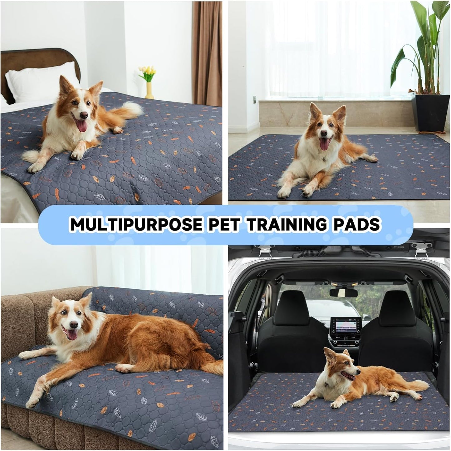 Sunheir Washable Pee Pads for Dogs 2-Pack Reusable Puppy Pads Pet Training Pads, Waterproof Dog Pee Pads for Crate, Whelping Pad, Non-Slip Protects Against Urine Leakage (Leaves - Deep Grey, 24x36)