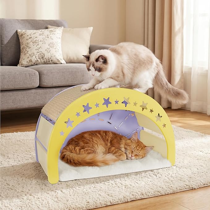 3-in-1 Crescent Elevated Cat Bed with Removable Sisal Scratcher & Soft Fleece Mat, Rocking Cat Hammock Lounge for Indoor Cats, Kittens & Small Animals, Purple