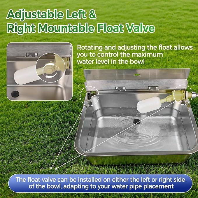 Automatic Dog Water Dispenser with Drain Hole, 304 Stainless Steel Auto Water Dog Bowl with Float Valve, Hose Quick Connect Fitting, Automatic Livestock Waterer for Horse, Chicken (4 Gallons)