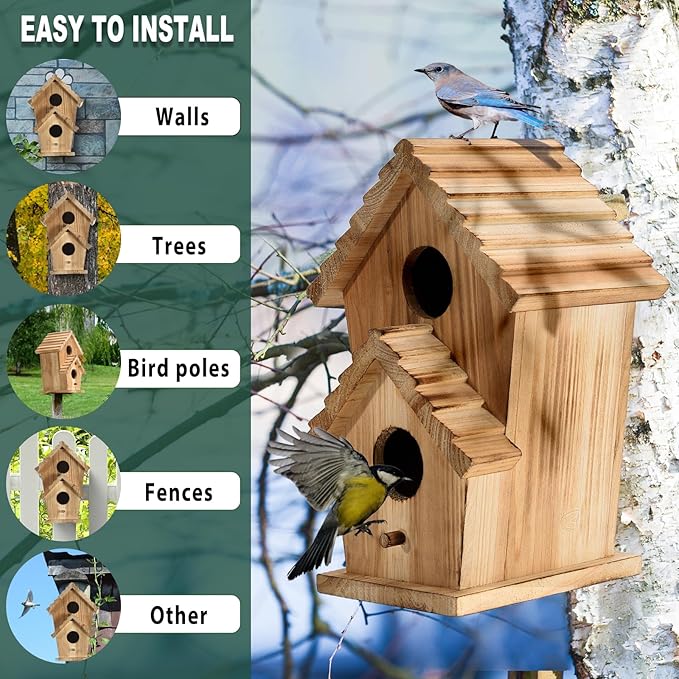 NATUREYLWL Bird Houses for Outside-2 Hole Wooden Outdoor Bird House,Wild Bird Box House,Nesting Box Birdhouse,Garden Bird Roosting