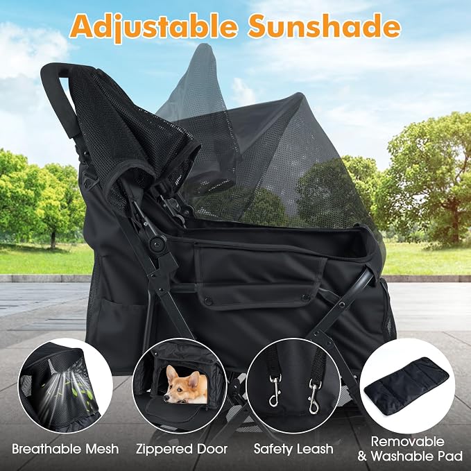 PETSITE Double Pet Stroller, Foldable Double Dog Stroller with 2-Seater Carrier, Adjustable Sunshade, Removable Pad, Safety Belt, Storage Basket, 4-Wheel Pet Travel Cart for 2 Puppies & Cats (Black)