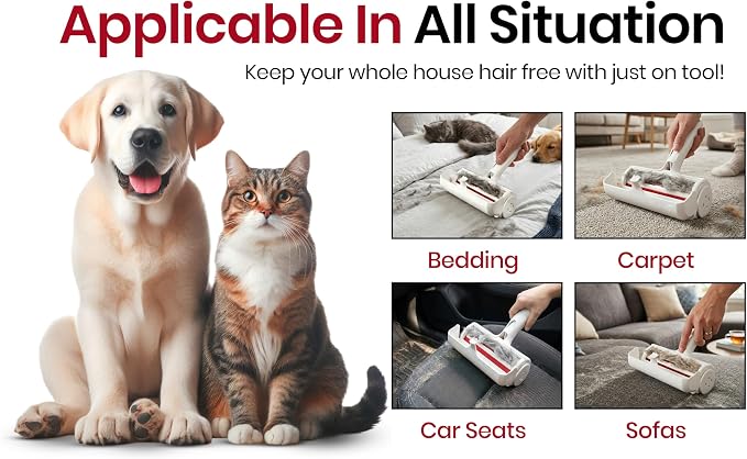 Pet Hair Remover for Dogs & Cats - Reusable Lint Roller & Hair Remover Tool for Couch, Carpet, Furniture, Bedding & Car Seats - Portable & Easy Clean Pet Fur Remover Roller for Home & Travel (Red)