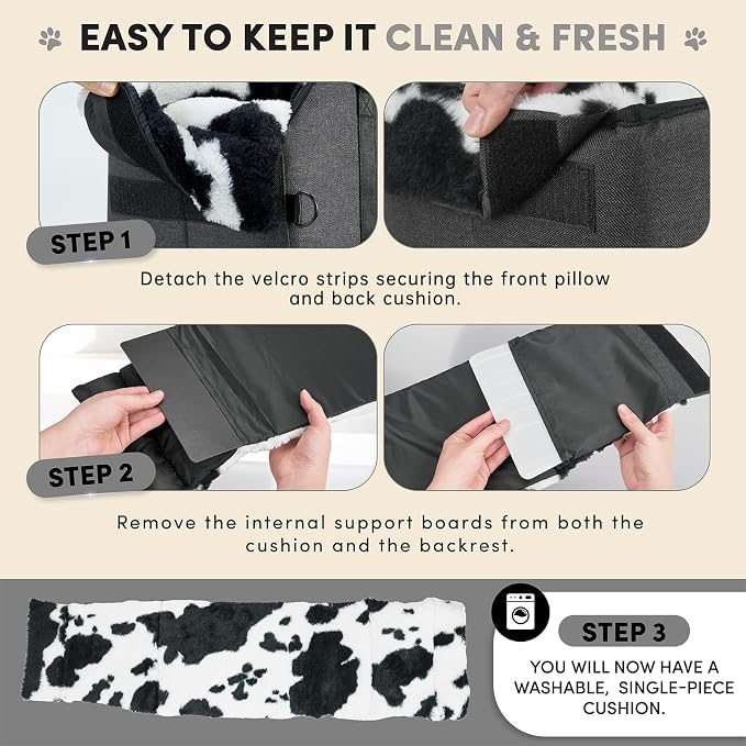BurgeonNest Center Console Dog Car Seat for Small Pets to 11lbs, Milk Cow | Anti-collapse armrest Console seat with washable fluffy cushion, pillow & tether for stable, cozy pet travel trips.
