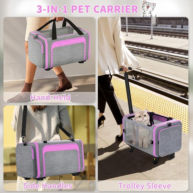 Airline Pet Carrier with Wheels, 18x11x11 for Cats & Toy Dogs | Soft-sided nylon under-seat bag, removable wheels, expandable mesh, cats & toy-breed dogs, measure pet before buying