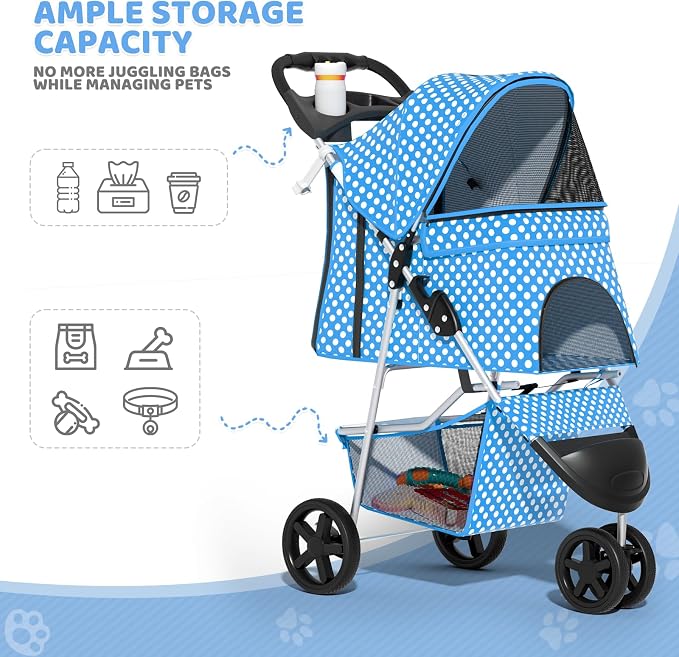 Magshion 3-Wheel Pet Stroller, Foldable Travel Jogger for Small & Medium Dogs & Cats (Up to 33lbs), Lightweight Carrier with Breathable Mesh Cover, Cup Holder & Storage Basket, Sky Blue Polka Dots