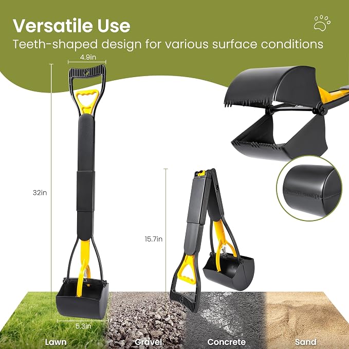 Dog Pooper Scooper 32in - Long Handle with Bag Attachment, Yellow | Made of lightweight ABS plastic. Ideal for large dogs & yard pickup. Includes bag attachment for hands-free cleanup.