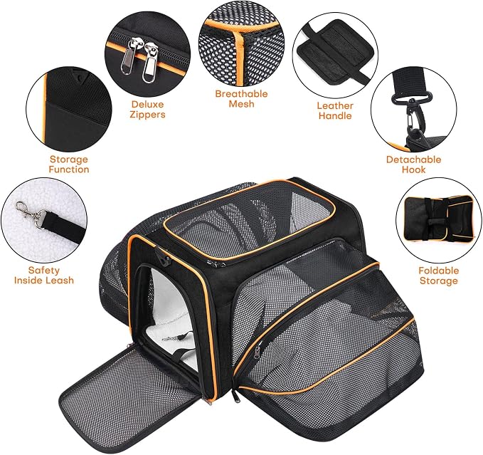 Pet Carrier, Large Soft Sided Expandable Travel Carrier with Steel Frame, Anti-Scratch Mesh, Removable Fleece Pad and Pockets for Cats, Dogs and Small Animals up to 15 lbs (Black, 5 Sides Expandable)