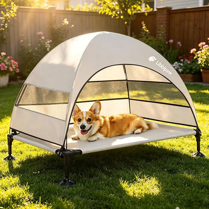 Outdoor Elevated Dog Bed with Canopy for Large Dogs, Grey, L | Breathable Raised Cot with Shade, Tool-Free Setup for Patios, Backyards and Camping