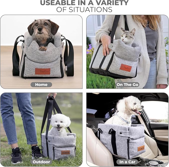 Center Console Dog Car Seat for Small Dogs and Puppies 5-13Lbs, Ideal Armrest Booster Car Travel Seat with Safety Protection Seat Belts, Storage Pockets - Reduces Anxiety (Woven - Grey)