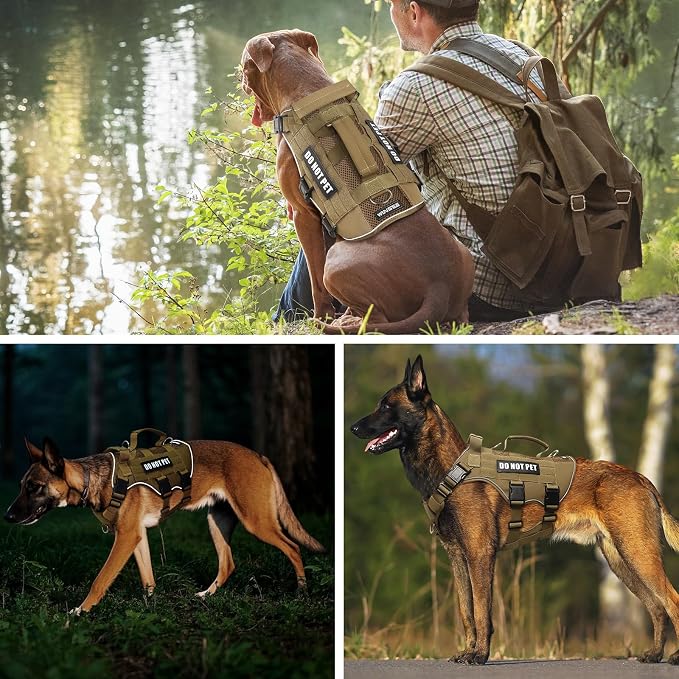 Tactical Molle Vest Mesh Dog Harness with 10 Removale Pet Patches | Breathable Service Dog harness with Double Soft Padded Handle for Medium Dog, Reflective Military Pet Vest for Walk Hiking